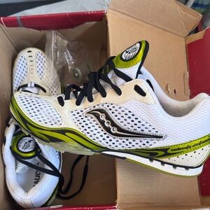 Saucony White and Lime Track Sneakers